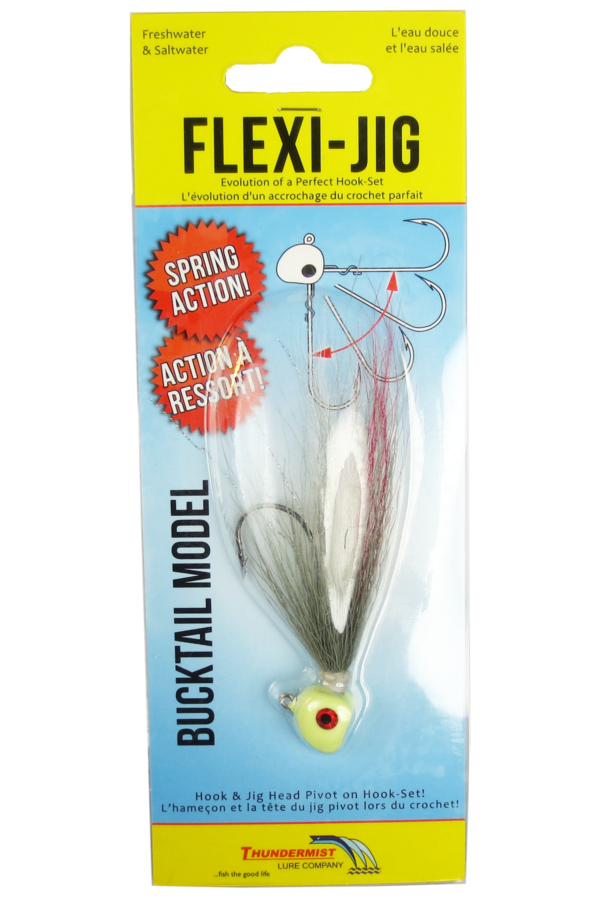 Flexi Jig Bucktail Fishing Jig - 1 Ounce, Black/Yellow/Red, Pivoting Hook For Better Hooksets